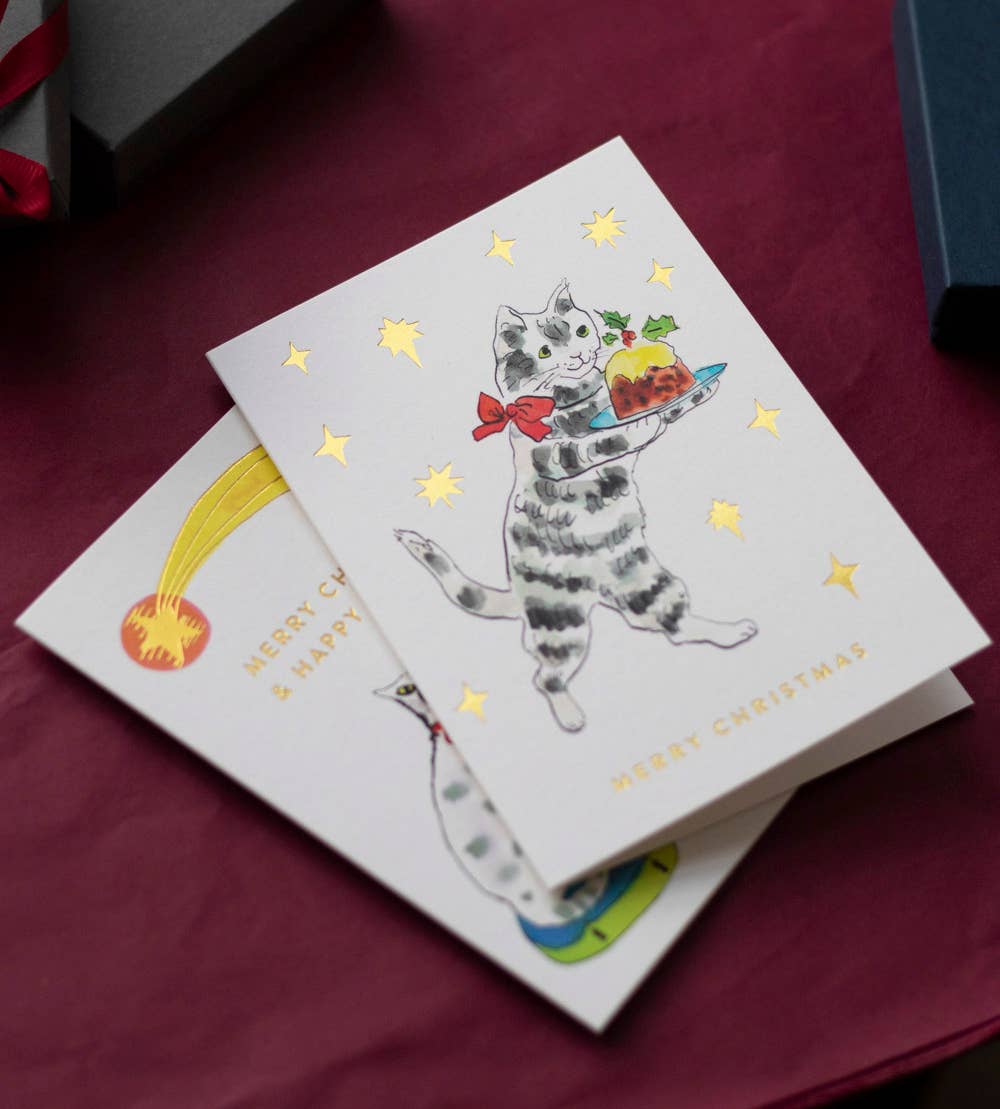 Christmas Pudding Cat Christmas Card (pack of 6)