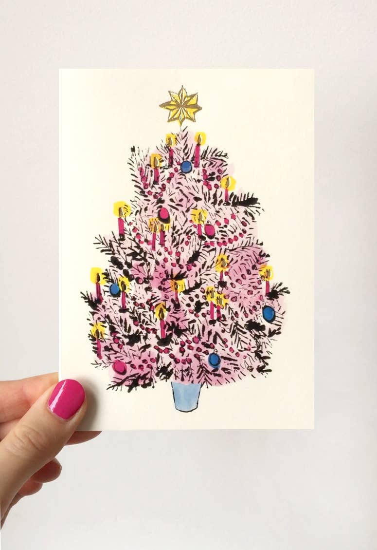 Pink & Gold Tree Christmas Card