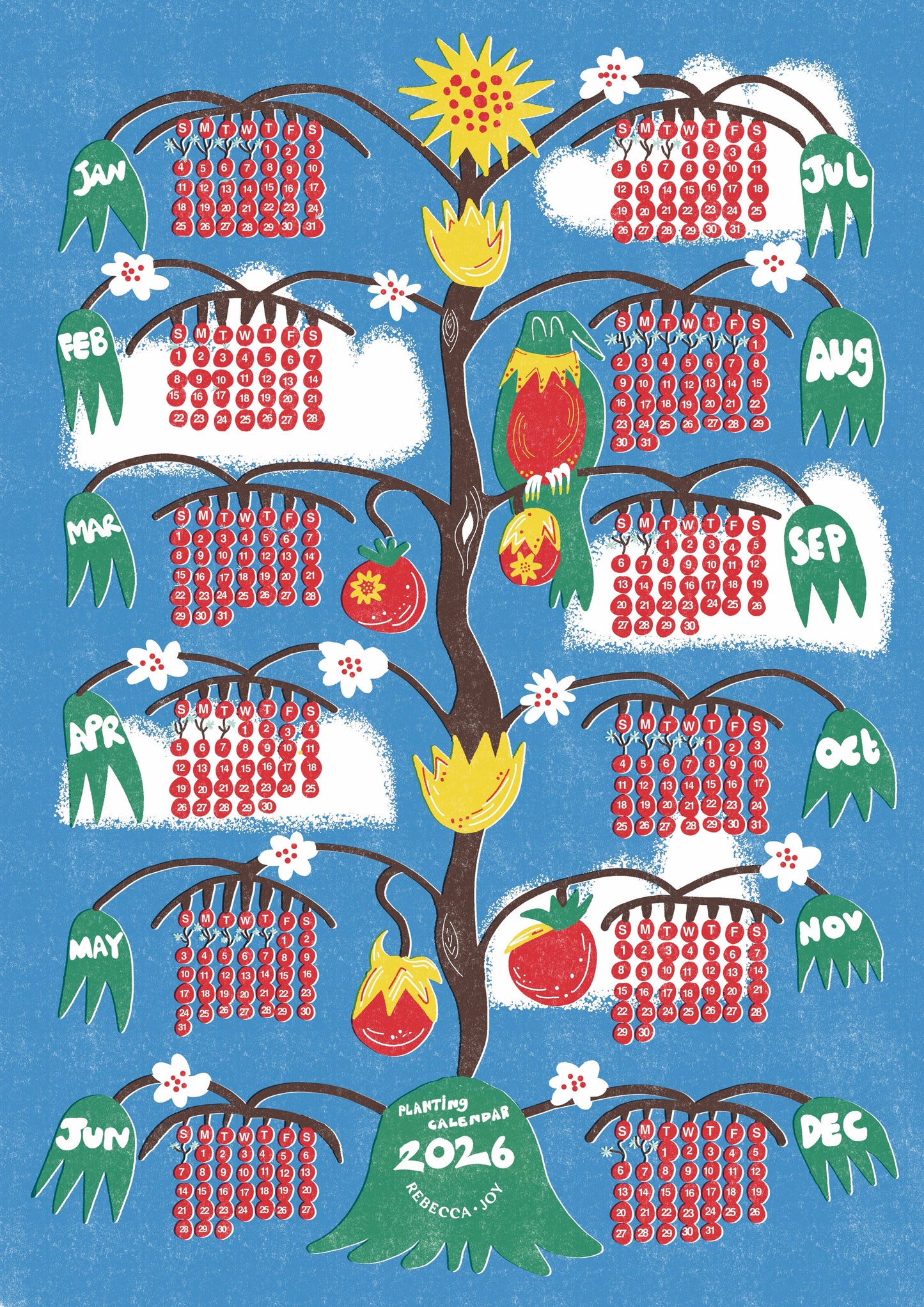 A3 Planting 2026 Calendar Print Hand-Drawn Monthly Guide