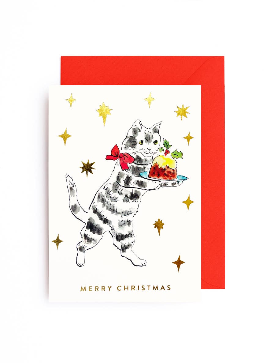 Christmas Pudding Cat Christmas Card (pack of 6)