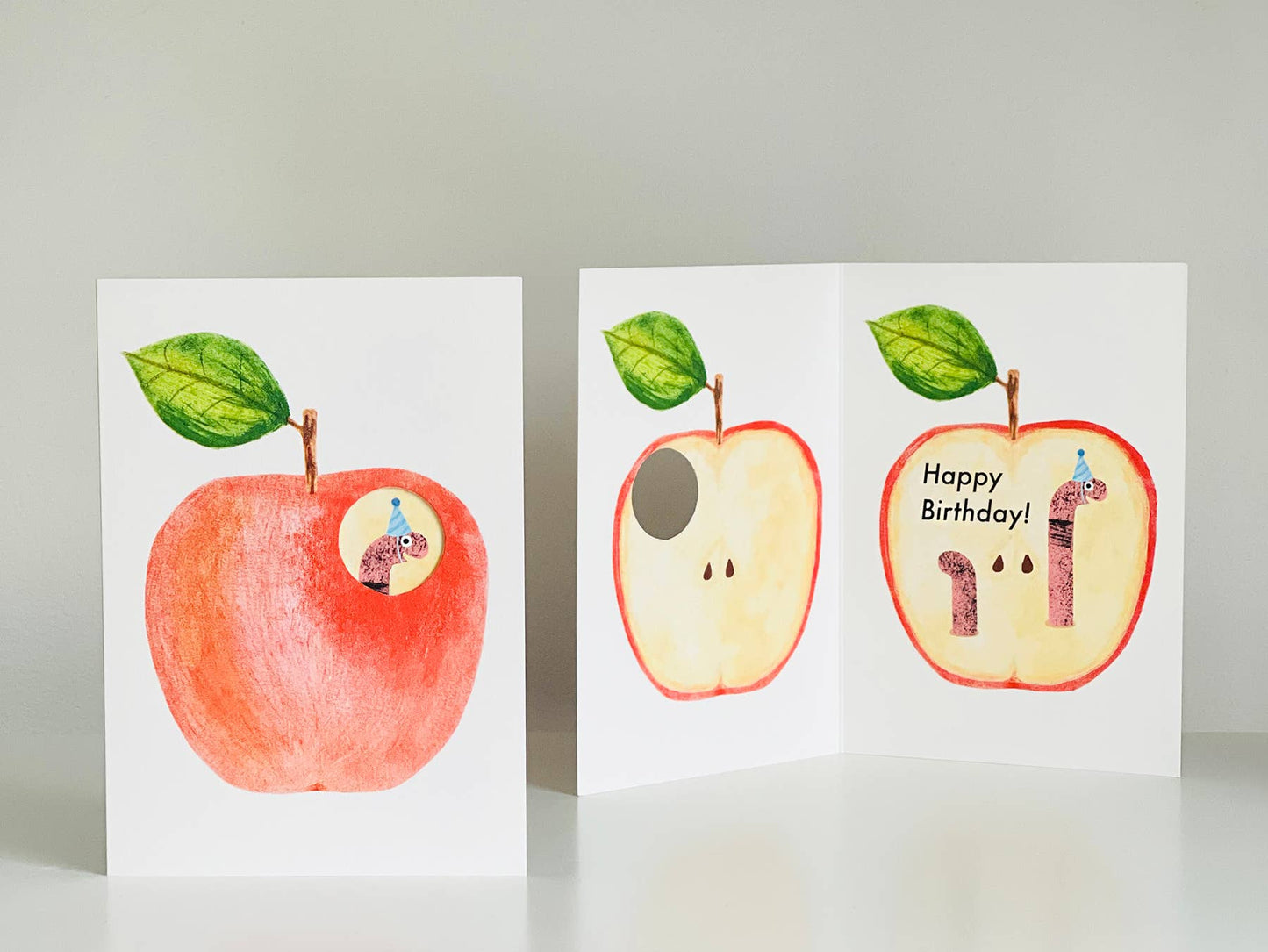 Happy Birthday Apple & Worm Die Cut Hole Greeting Card